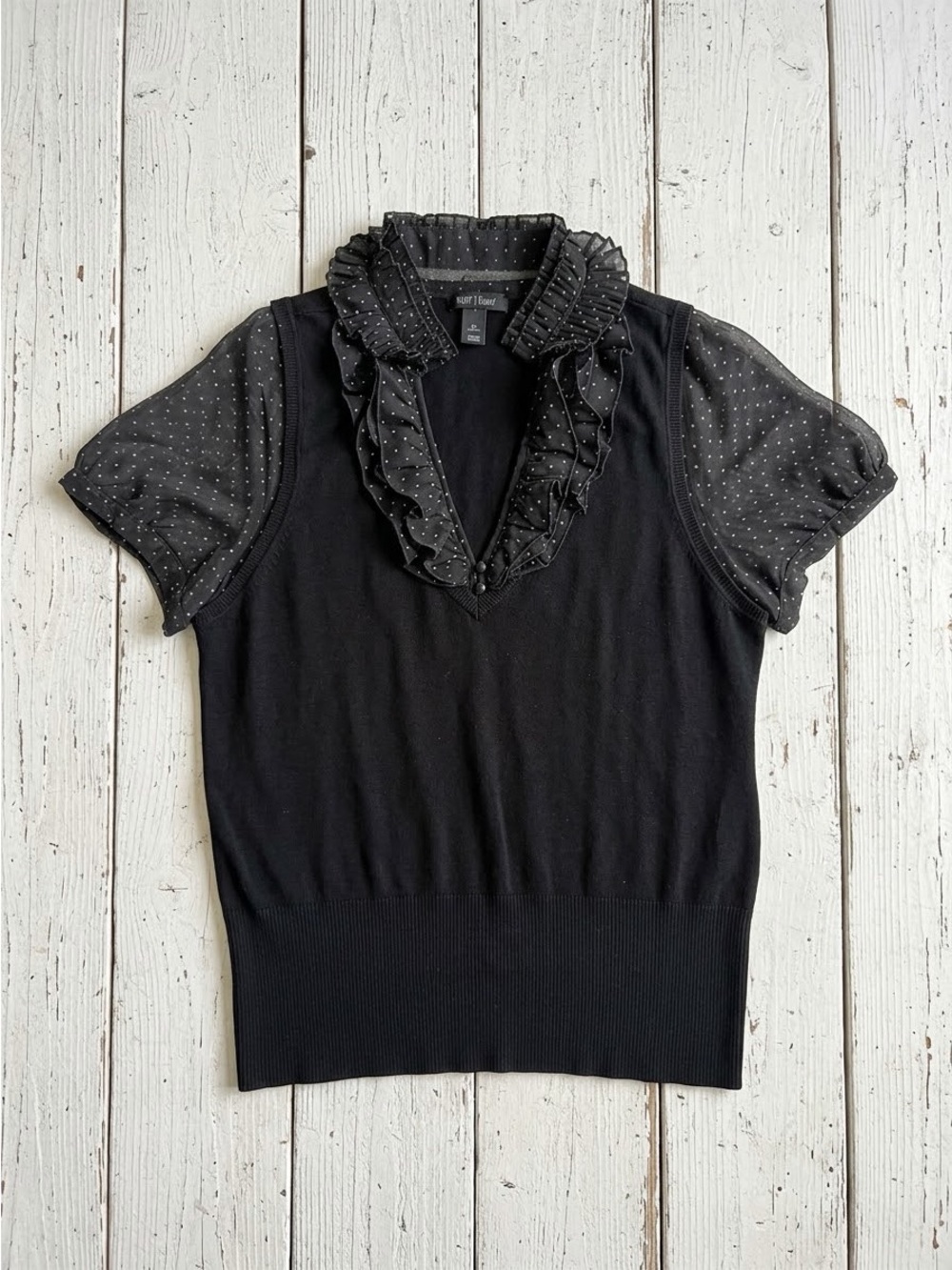 White House Black Market Black Silk Blend Polka Dot Ruffle V-Neck Sweater XL